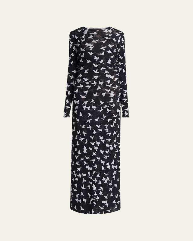 Long Mesh Bird Print Dress